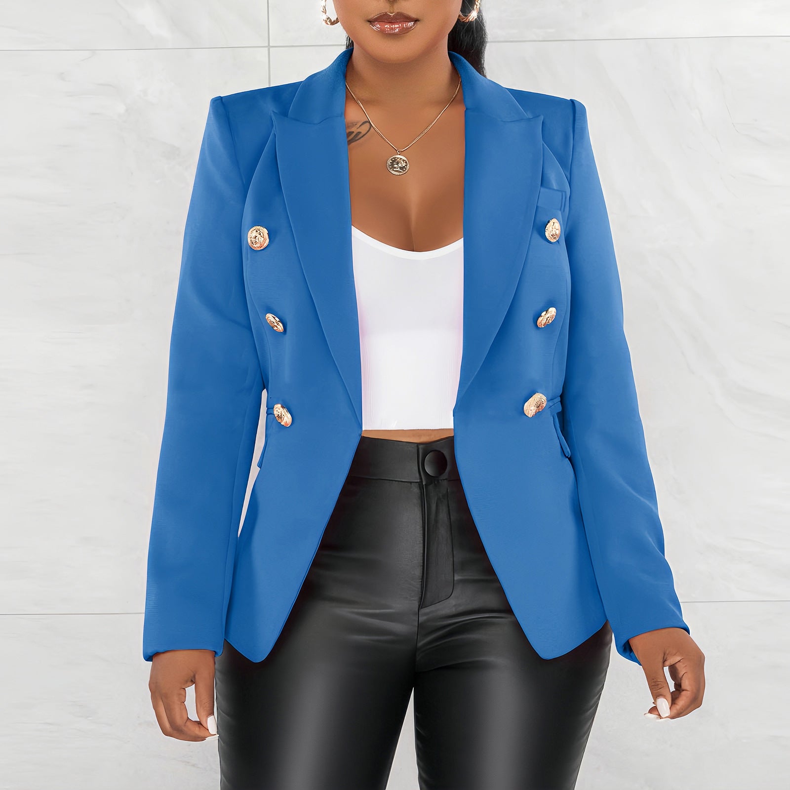 Women's Autumn Winter Solid Color Long Sleeve Pockets Blazer Jacket 5