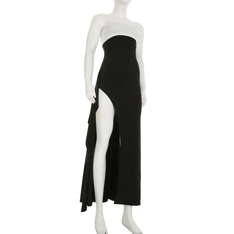 summer Women's elegant contrast color Strapless sexy split fashion Chic long dress 8