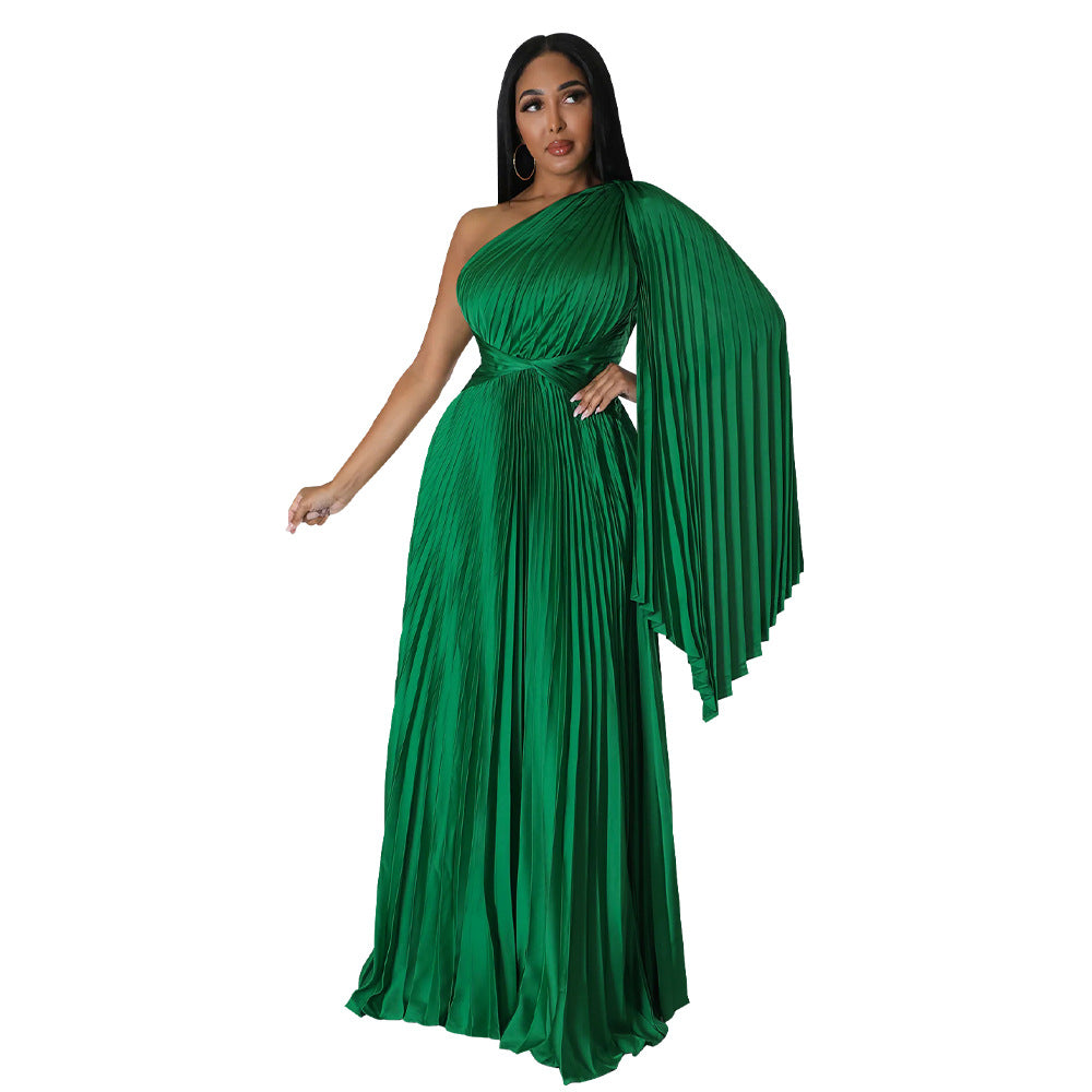 Fashion Women's One Shoulder Pleated Slash Shoulder Slim Waist Dress 4