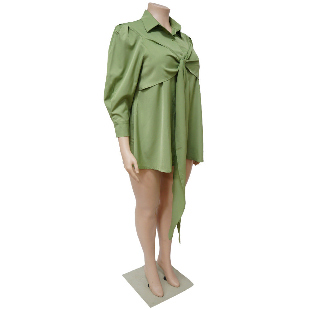 Plus Size Women Sexy Solid Tie Long Sleeve Shirt Dress 15