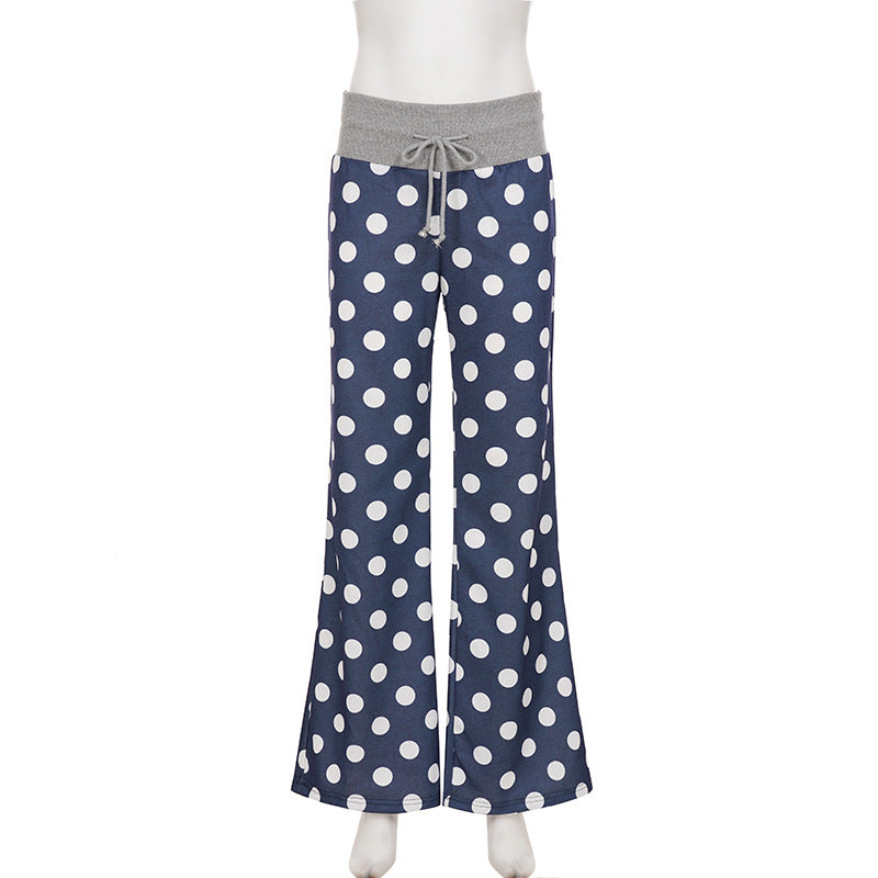 Women American-Style Casual Polka Dot Print Contrast Lace-Up Pants 9