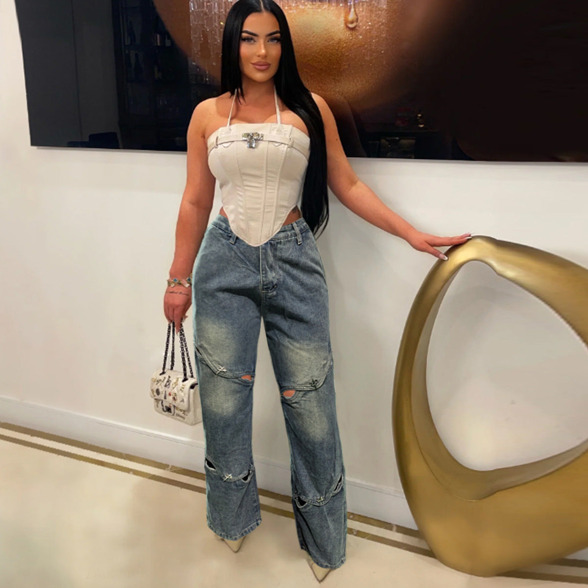 Ripped Two-Button Wide-Leg Straight Denim Pants 4