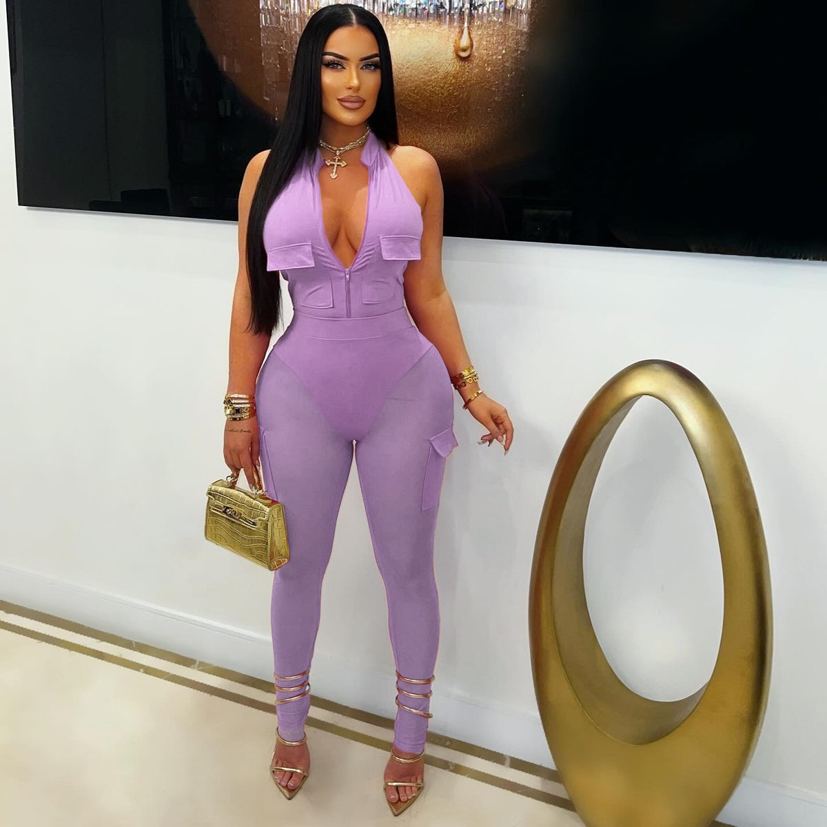 Summer Deep V-Neck Sleeveless Tight-Fitting Bodysuit Pocket Mesh Pants Set 4