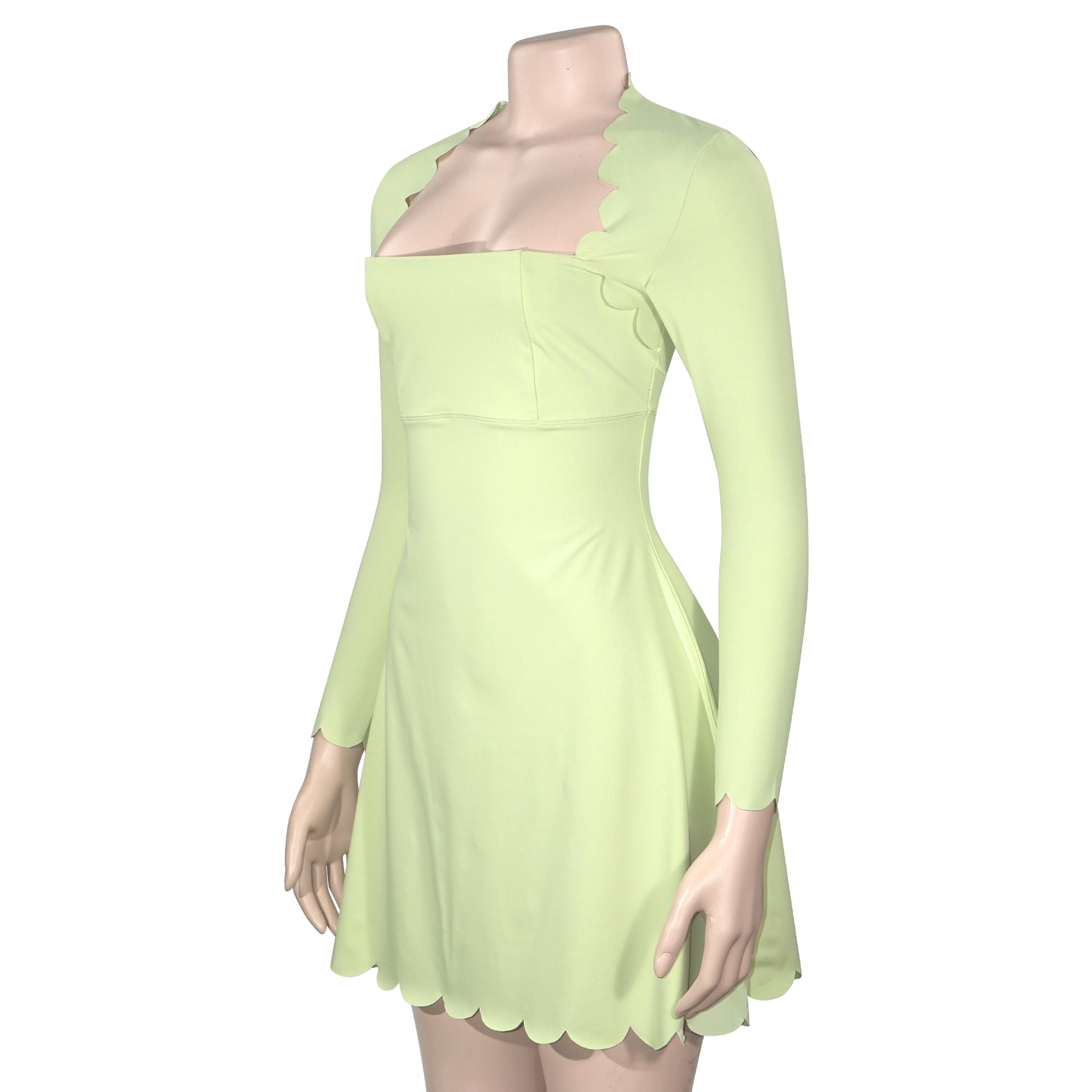 Spring women's square neck slim fit long sleeve solid short dress 11