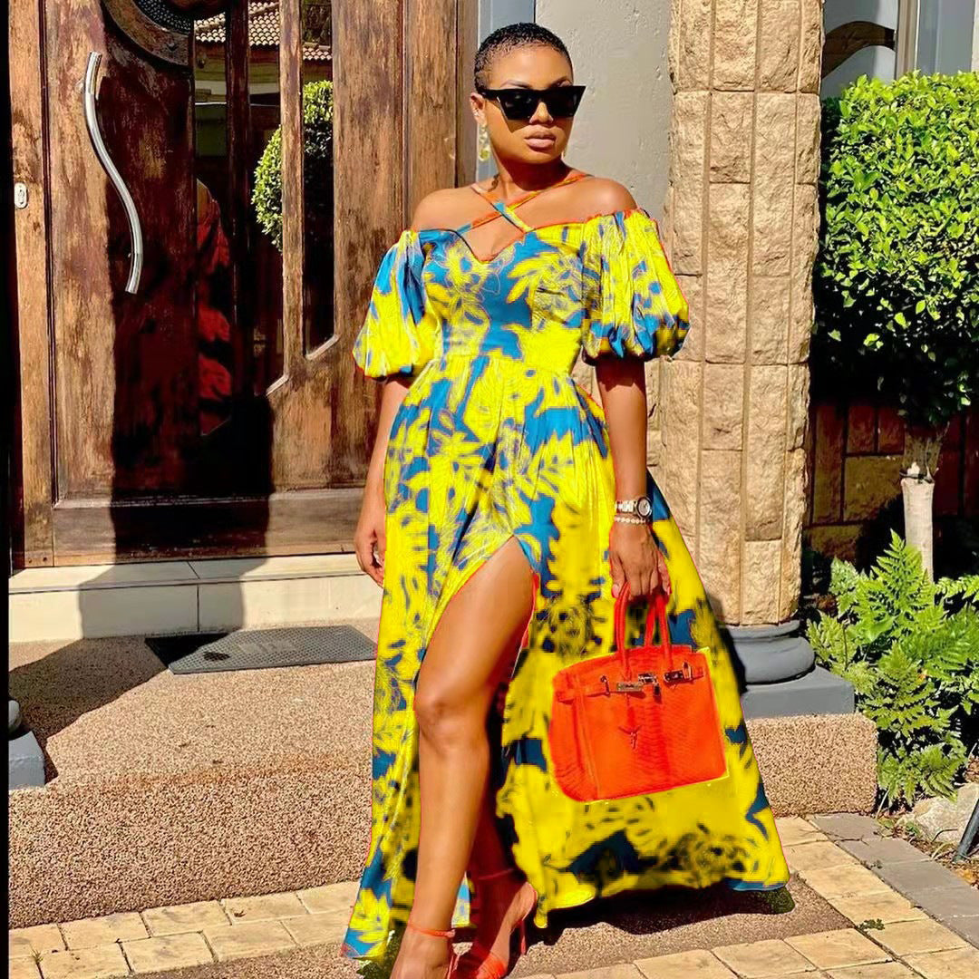 Spring/Summer Women'S Printed Strap Halter Off Shoulder Slit Maxi Dress 5