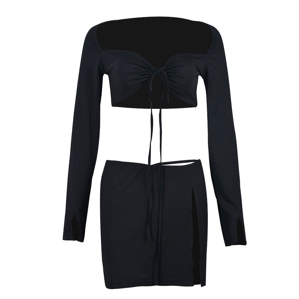 Women Lace-Up Long Sleeve Crop Top And Slit Skirt Two-Piece Set 5