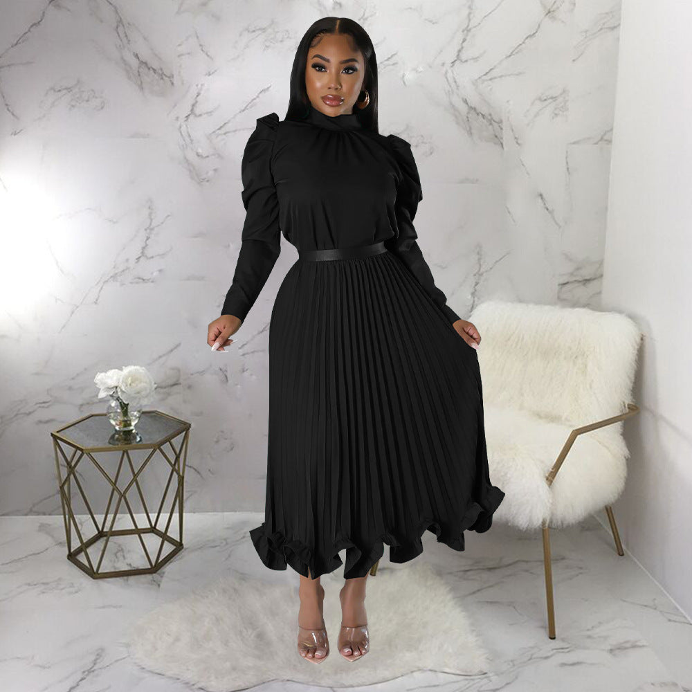 Women's Winter Puff Sleeve Top Ruffled Pleated Skirt Two-Piece Suit 6