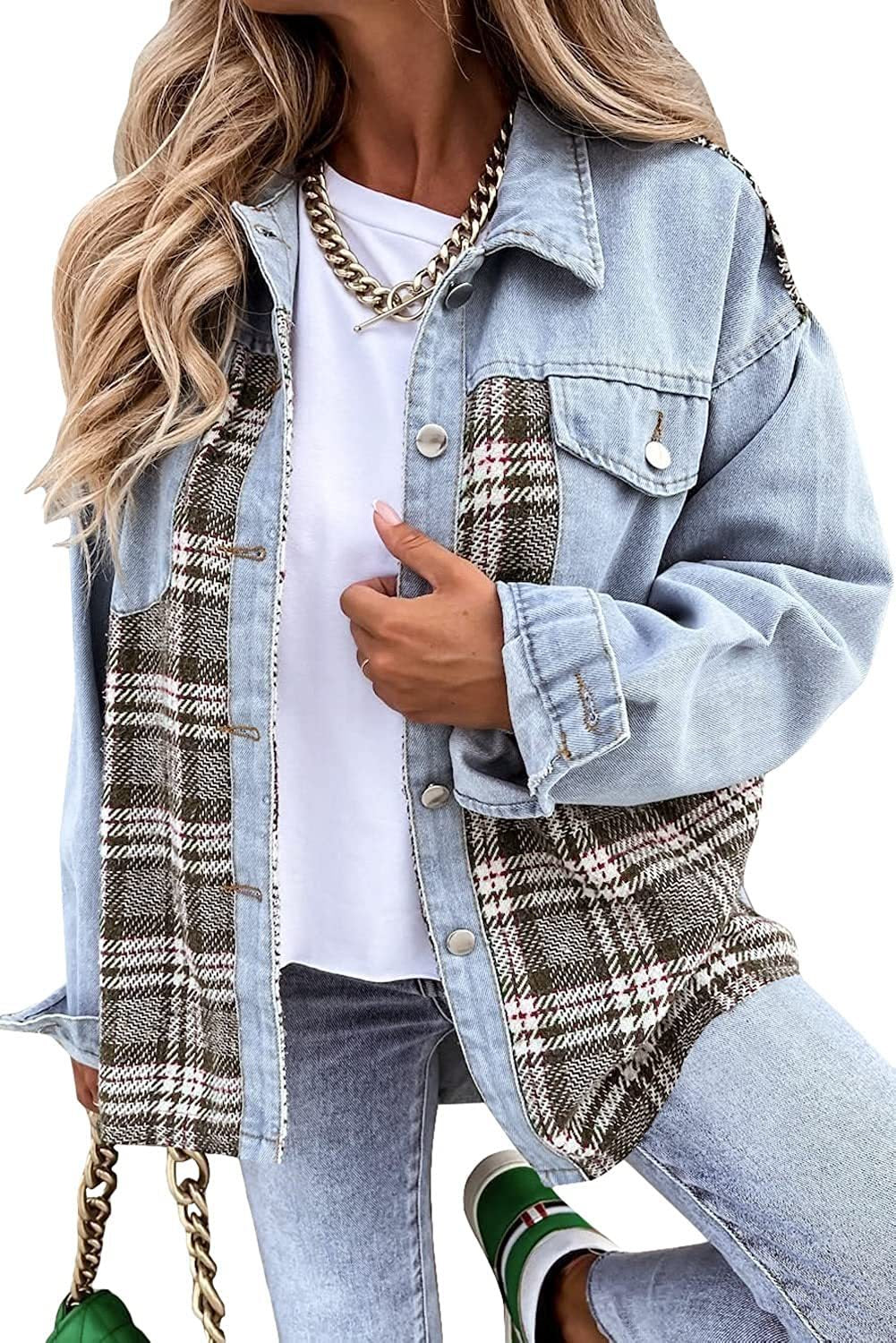 Autumn And Winter Denim Jacket Long Sleeve Plaid Buttoned Shirt Top 12