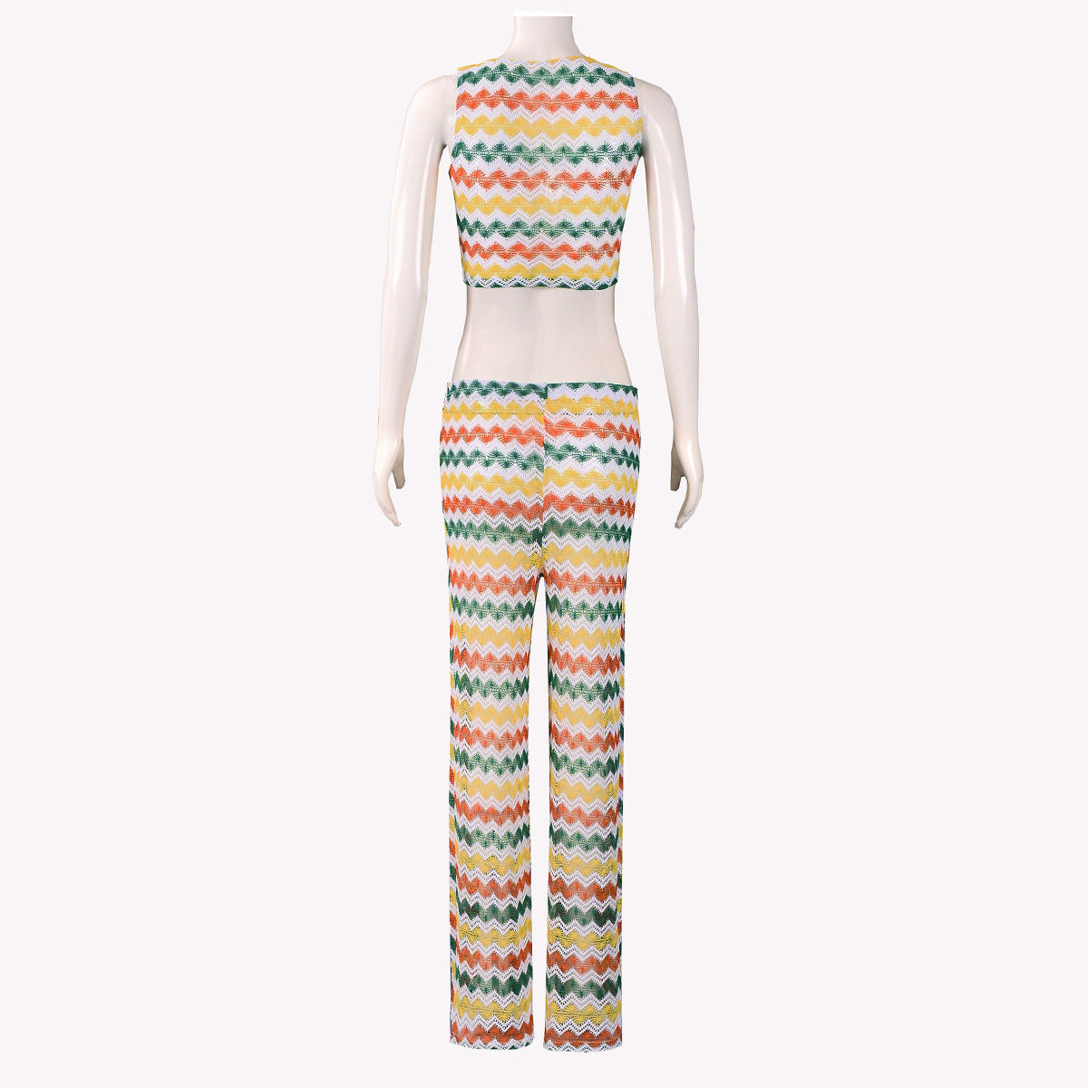 Summer Colorful Striped Sleeveless Knitting Two Piece Pants Set 5