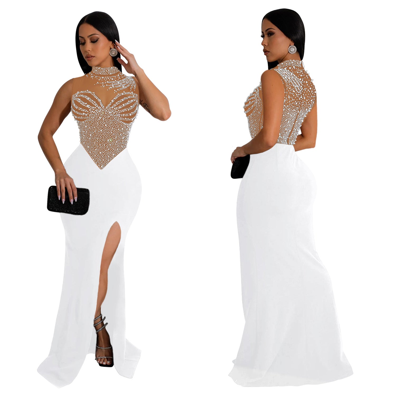Fashion Women's Solid Color Beaded Mesh Sleeveless Long Dress 12