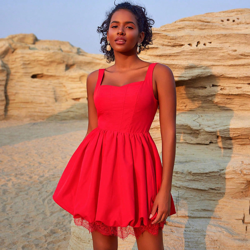 Women sexy suspenders red lace summer Backless Formal Party Dress