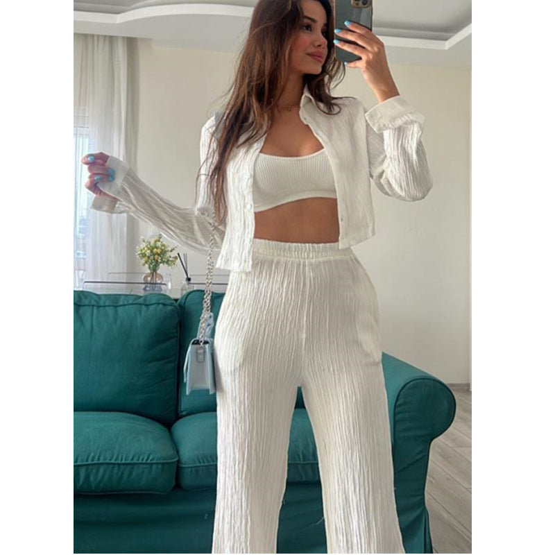 Women's  Autumn And Winter Embossed Style Short Shirt High Waisted Wide Leg Elastic Pants Two-Piece Set 14