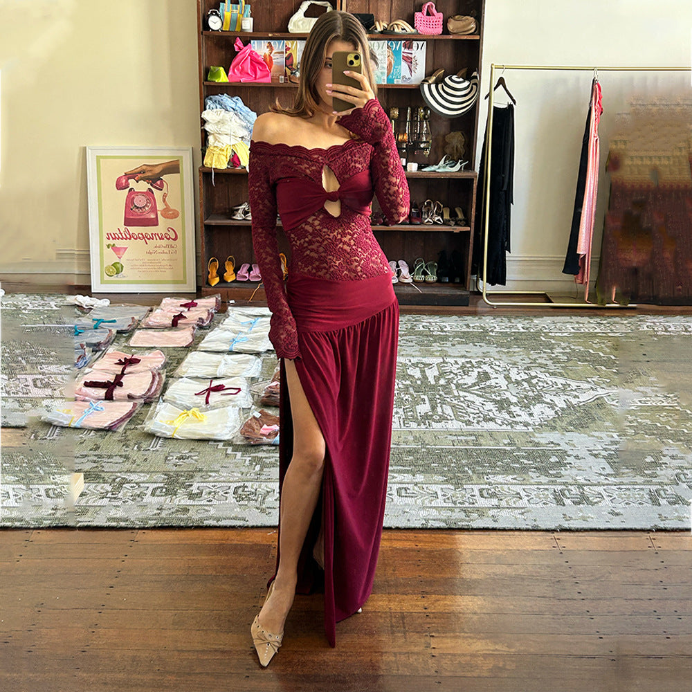 Women Summer Hollow Off Shoulder Sexy Slit Dress 4