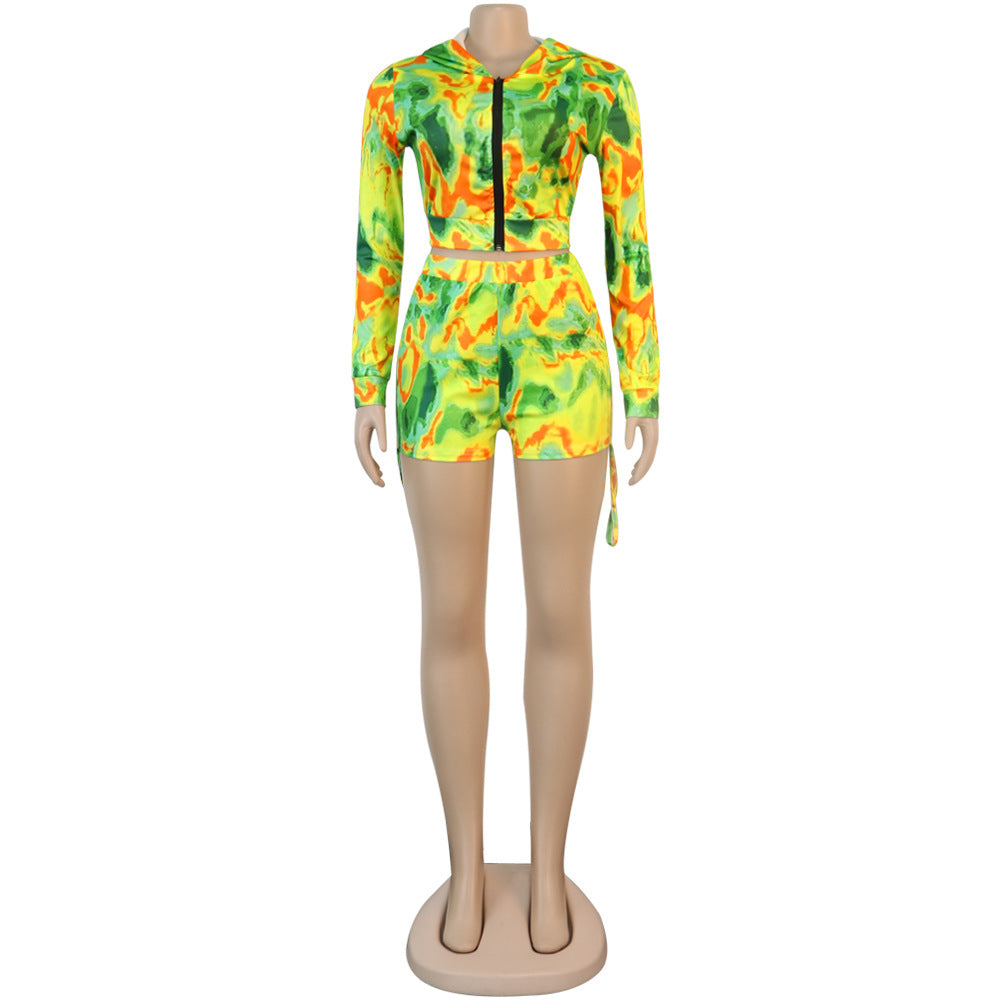 Print Hooded Zipper Long Sleeve Top Shorts Women's Casual Tracksuit 18