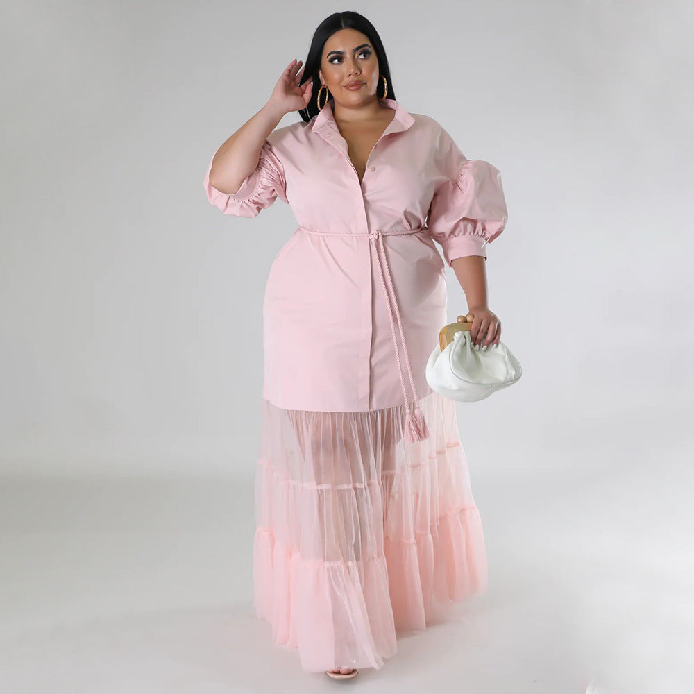 Chic Mesh Patchwork Short Sleeve Autumn Turndown Collar Button Up Plus Size Dress 4