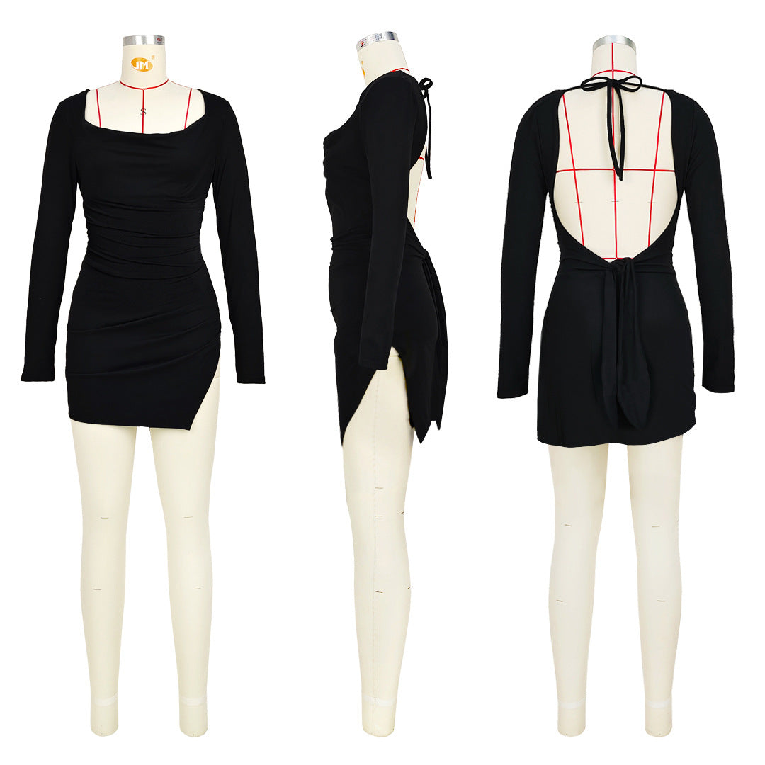 Women Sexy Backless Lace-Up Slit Long Sleeve Dress 22