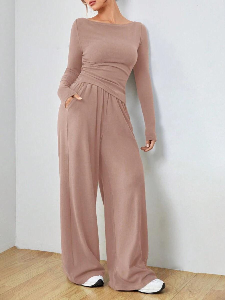 Women autumn and winter two-piece suit solid long sleeve casual wide-leg Pants two-piece suit 6