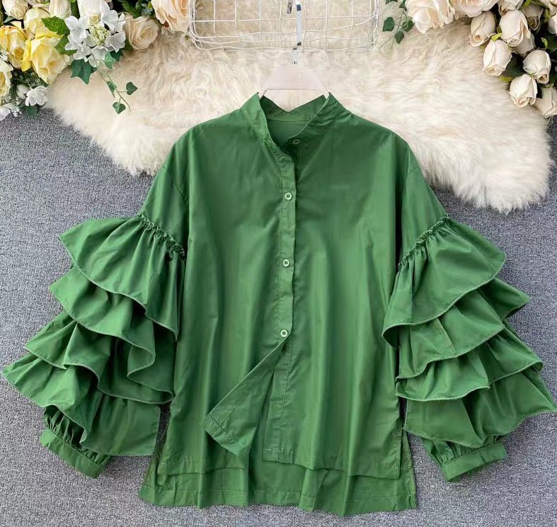 Women multi-layered ruffled Bell Bottom loose-sleeved Stand Collar shirt 12