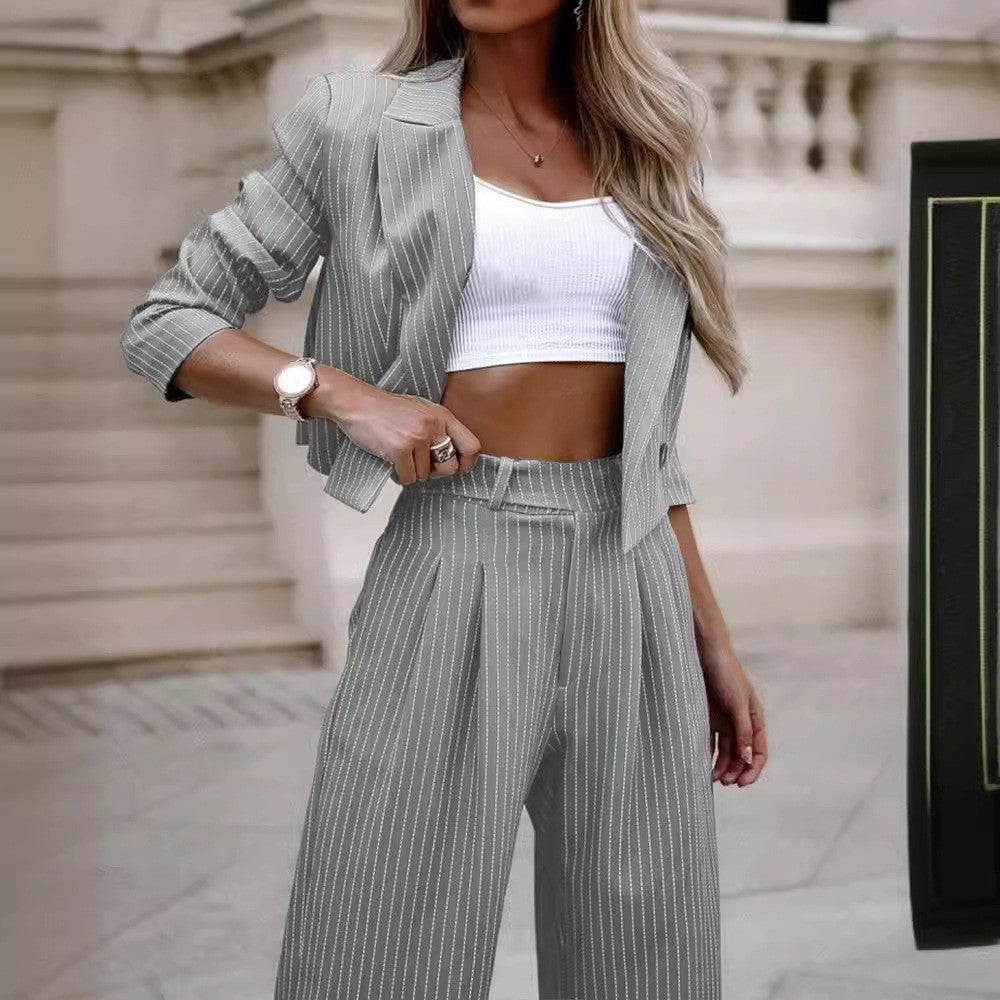 Women Casual Striped Turndown Collar Crop Blazer Straight Leg Pants Two-Piece Set 5