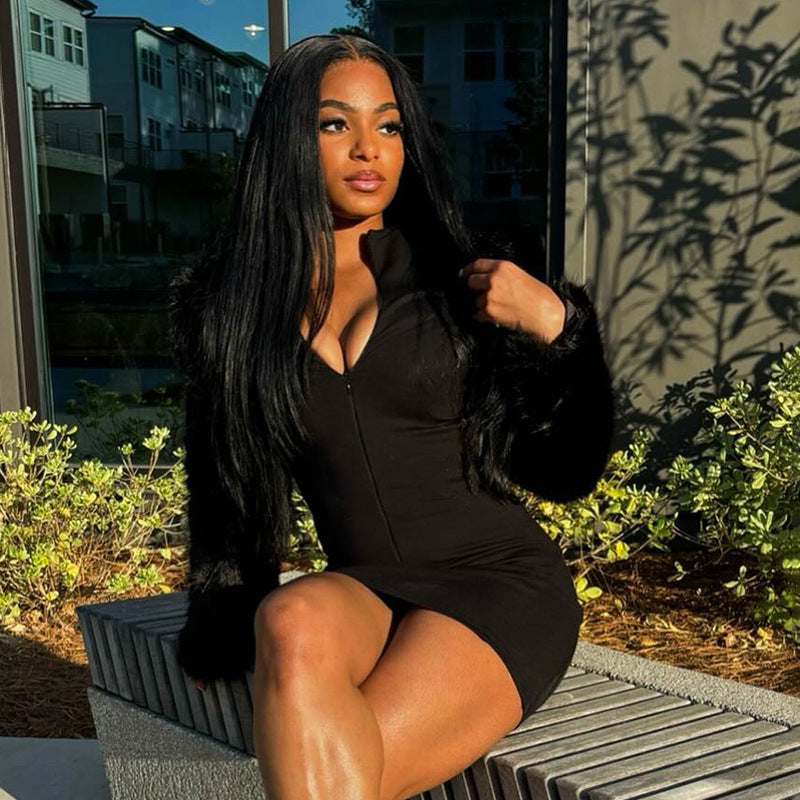 Women Autumn Zipper Neck Long-Sleeved Fur Paneled Sexy Bodycon Dress 14