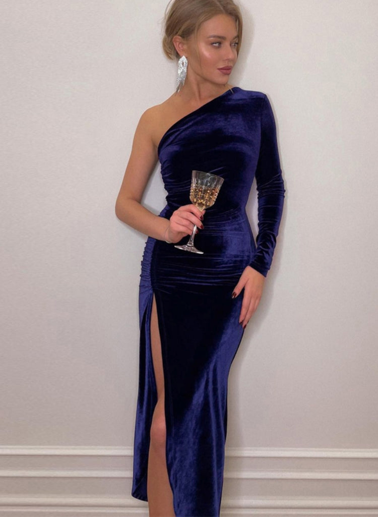 Winter Blue One Shoulder Slit Ruched Velvet Party Dress