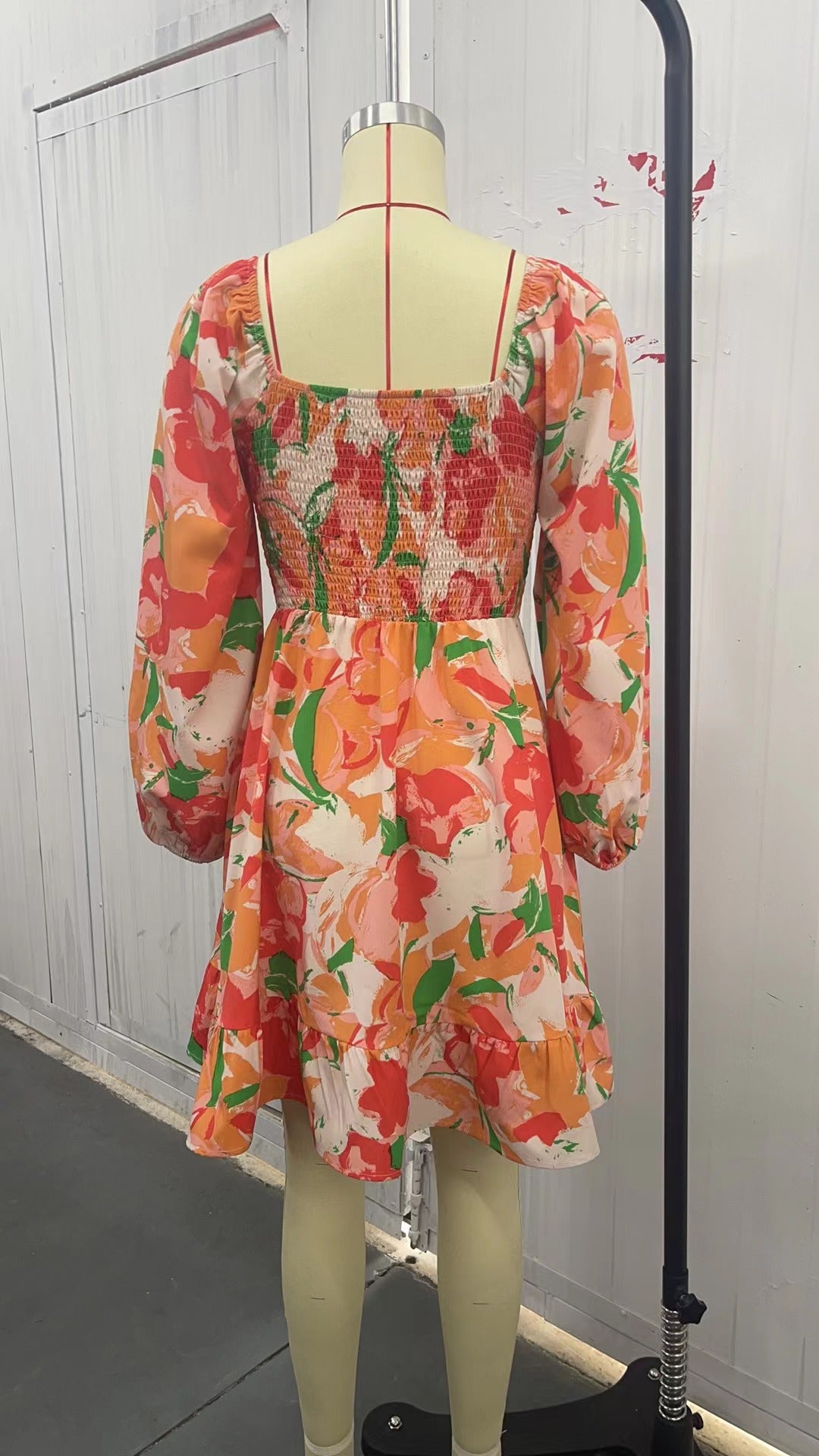 Spring, Summer And Autumn Chic Flower Printed Long-Sleeved Women's Pleated Dress 9