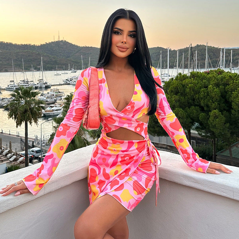 Stylish And Sexy Outfit Long-Sleeved Wrap V-Neck Sexy Hollow Dress 3