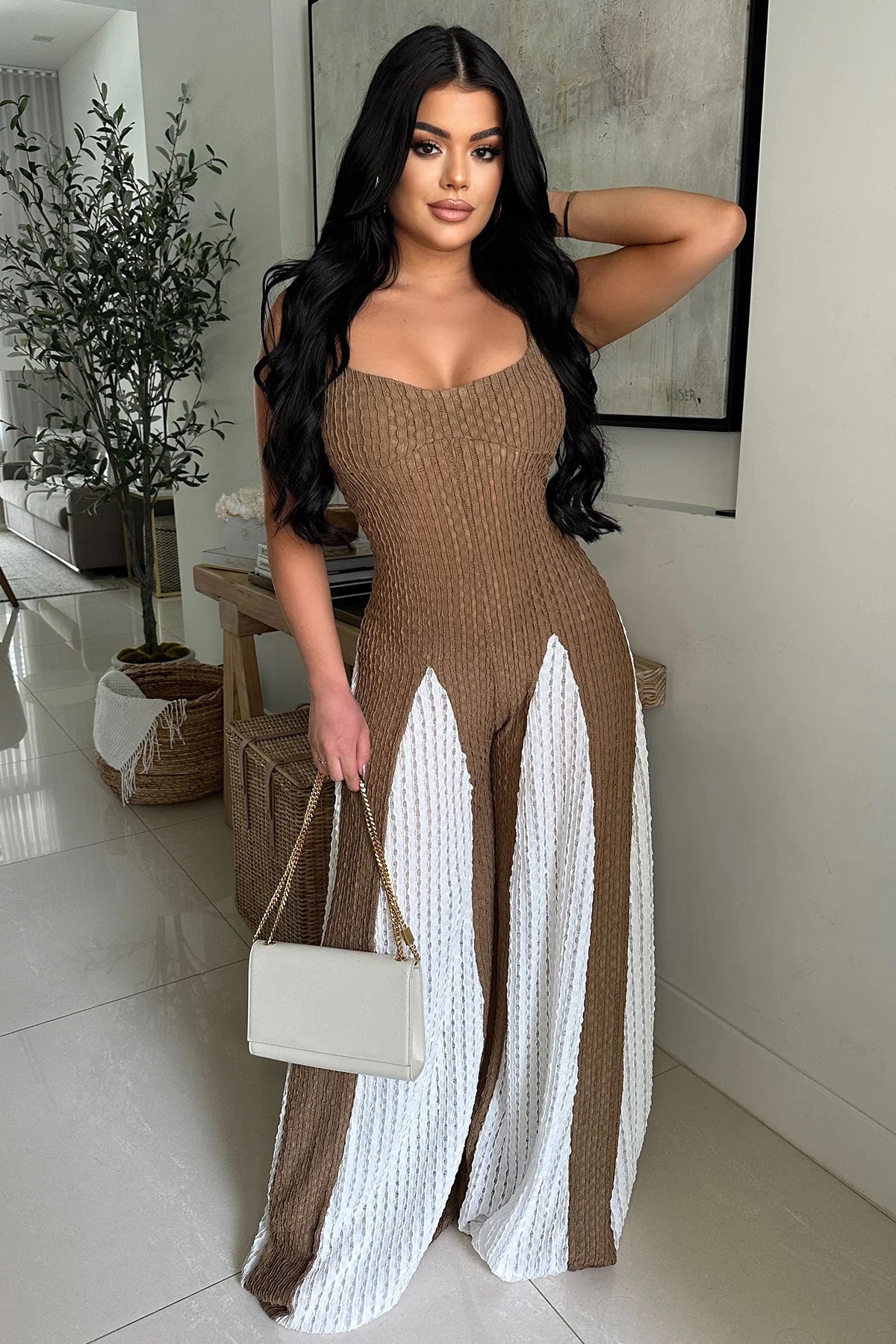 Women Sexy Hollow Wide-leg knitting Suspender Patchwork Contrast Jumpsuit