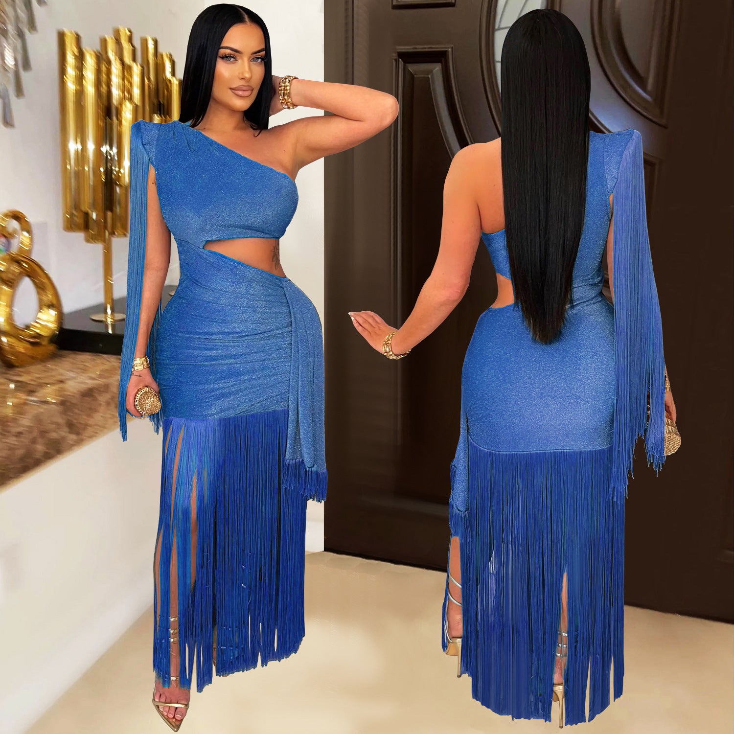 Fashion Women's Sexy Casual One-Shoulder Tassel Maxi Dress 4