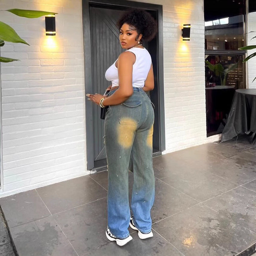 Women's Street Wear Ripped Washed And Distressed Straight Denim Pants