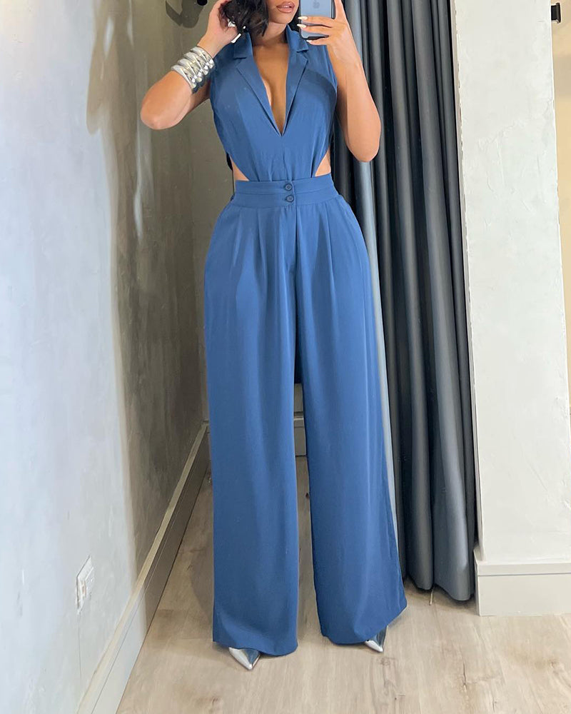 Women Sleeveless Turndown Collar Wide Leg Jumpsuit 3