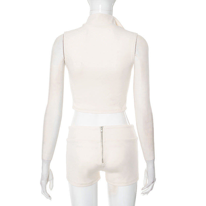 Spring Summer Women's Zipper Turndown Collar Sleeveless Crop Top High Waist Tight Shorts Two Piece Set 10