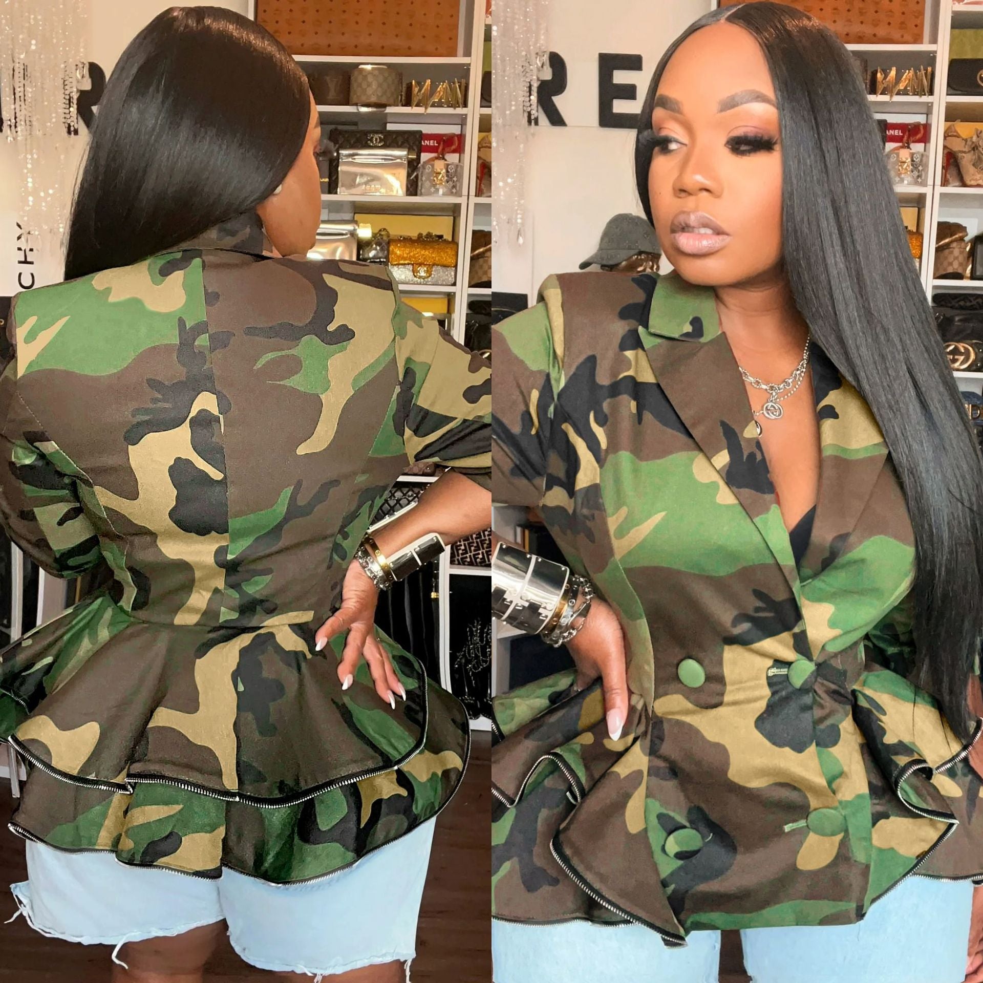Women's Fashion Camo Print Turndown Collar Double-Breasted Long-Sleeve Outerwear