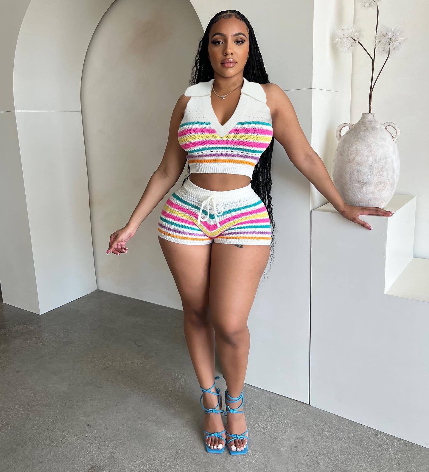 Women Spring Women Sleeveless Knitting Top and ShortsTwo Piece Set Piece Set 3