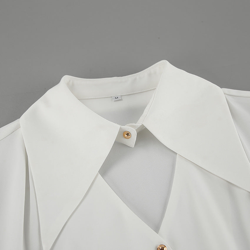 Women white sexy Turndown Collar long-sleeved hollow chiffon shirt 11
