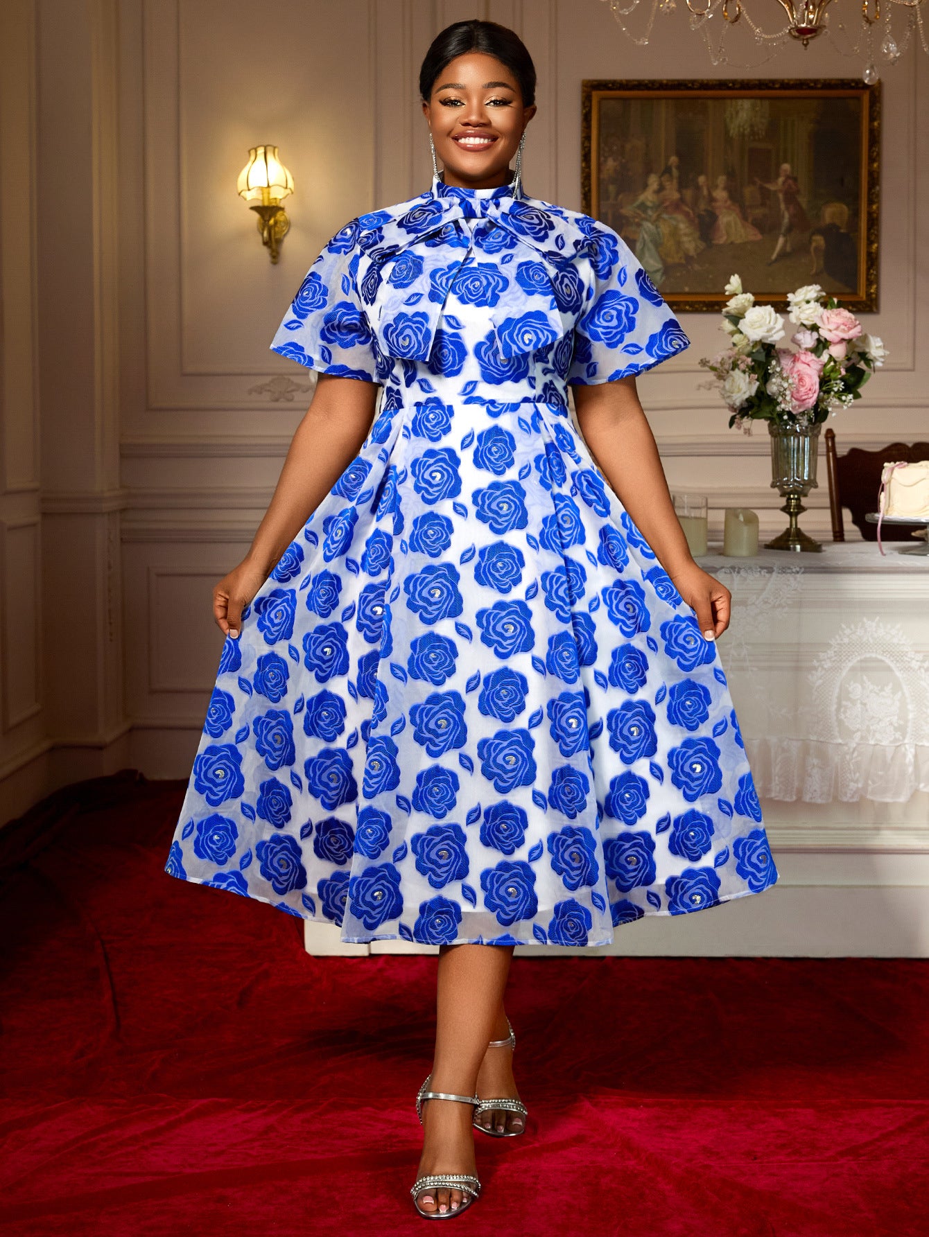 Semi-High Neck Lace-Up Bow Tie Collar A-Line Elegant Short Sleeve Party Dress 9