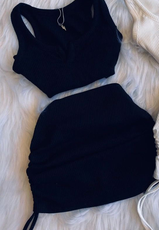 Women's Fashion Casual Suit Tank Top Drawstring Bodycon Skirt Two Piece Set