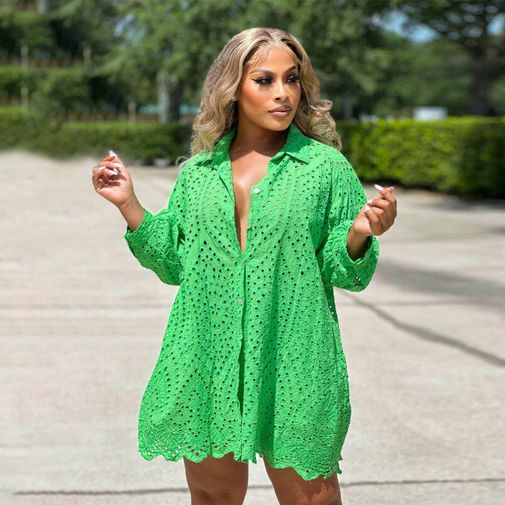 Women Clothes Fashion Solid Cutout Casual Shirt Dress 3
