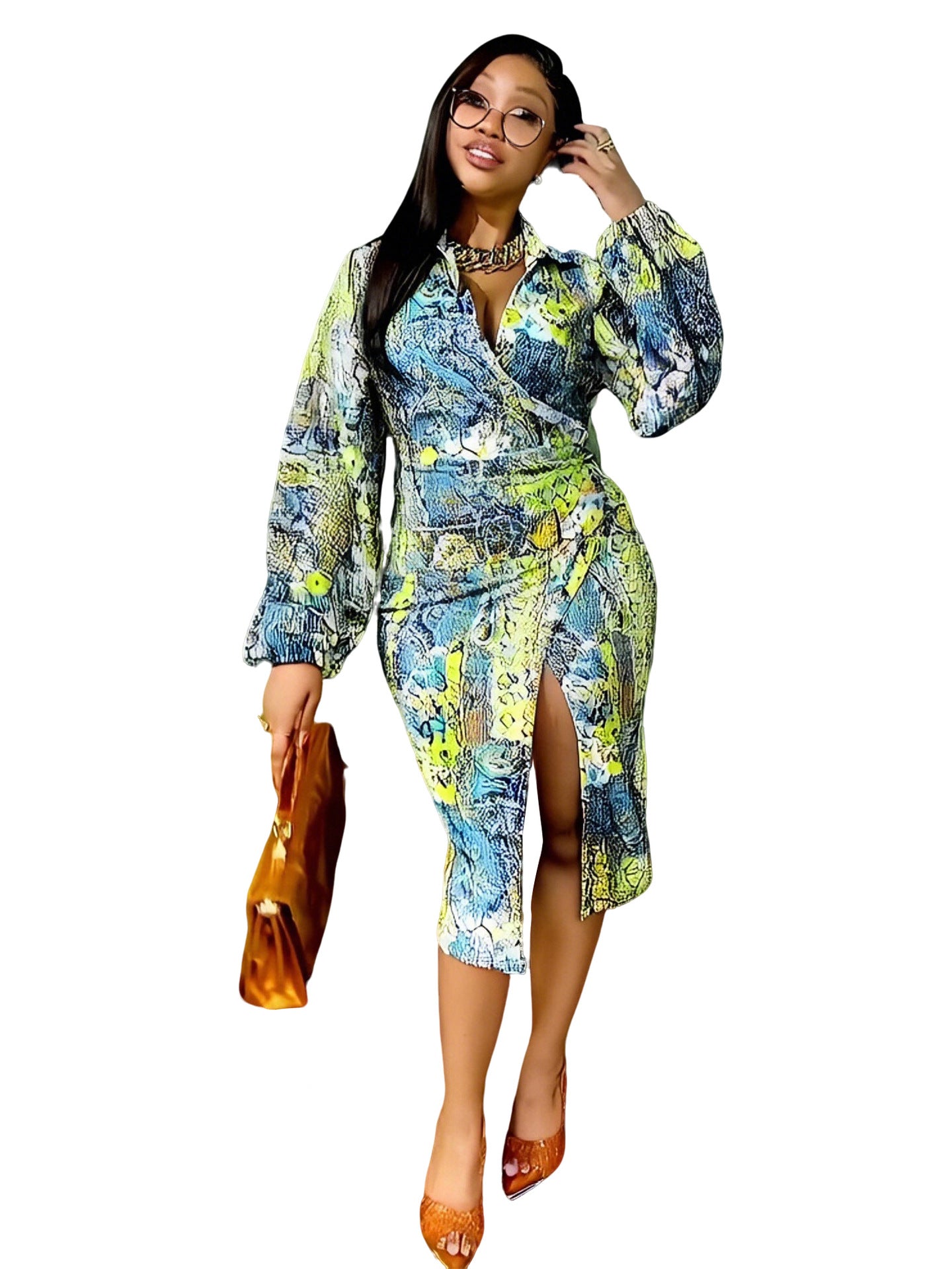 Women's Spring Autumn Long Sleeve Tie-Waist Sexy Bodycon Slit Print Color-Blocking Shirt Dress