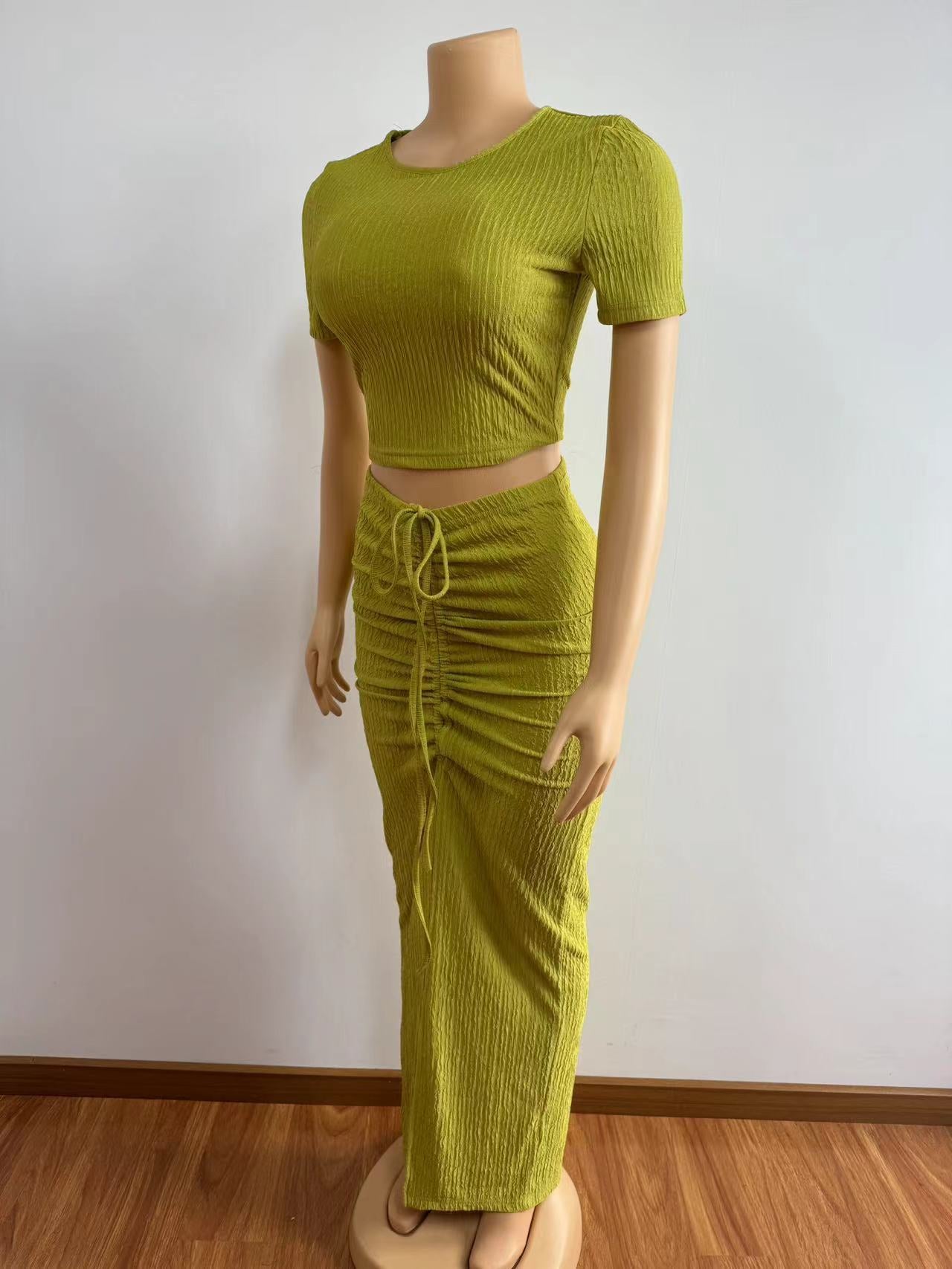 Women sexy pleated short-sleeved top and Drawstring Pleated Skirt Two-piece Set 11