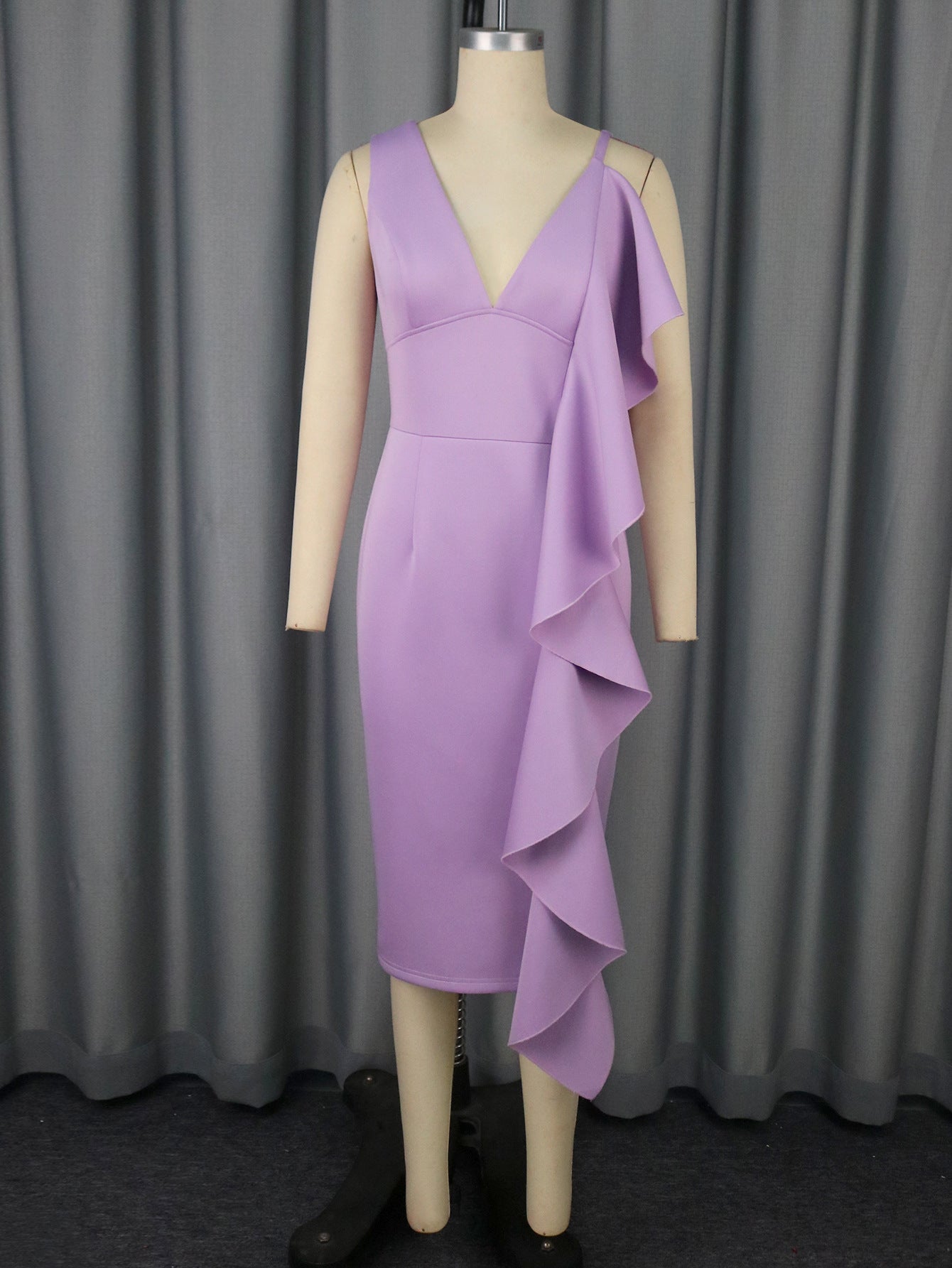 Women's Sexy V-Neck Strap Dress Chic Ruffle Hem Bodycon Formal Party Gown 5