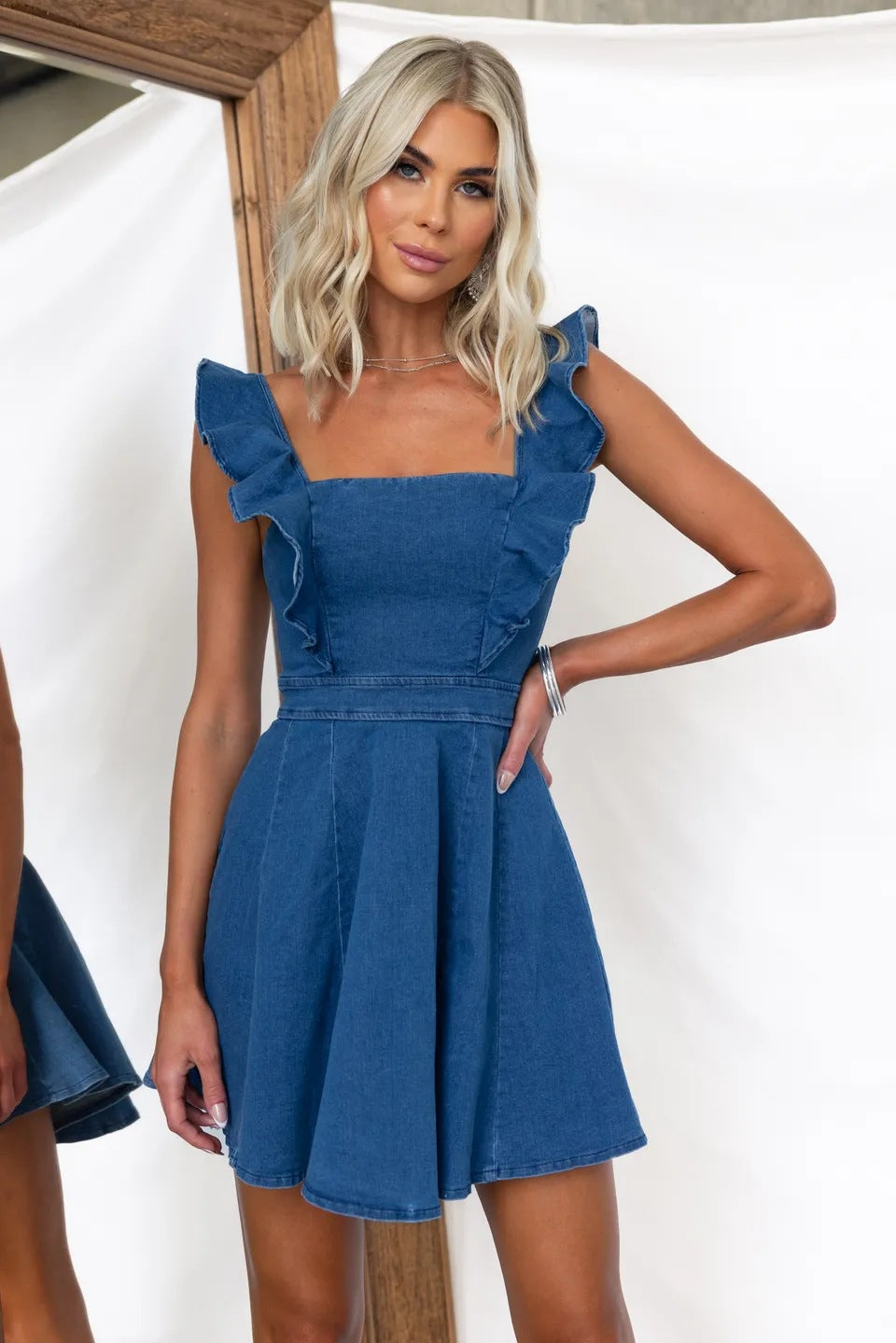 Women's Summer Fashion Casual Fly Sleeve Low Back Denim Dress 4