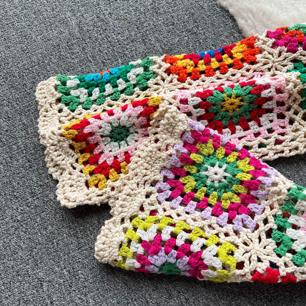 Women Summer Crochet Flower Suspender Top and Wide Leg Pants Retro Two-piece Set 11