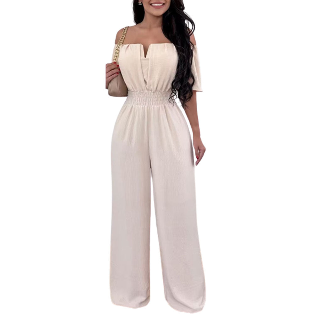Women Off Shoulder V Neck Loose Straight Jumpsuit 14