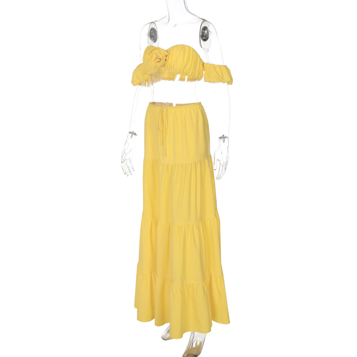 Women's Summer Solid Color Sexy Short-Sleeve off shoulder Pleated Ruffle skirt Set 9