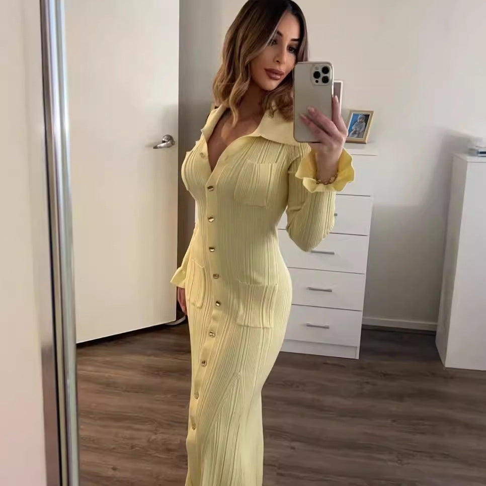 Long Sleeve Slim Waist Elegant Fall Winter Chic Knit Dress 6