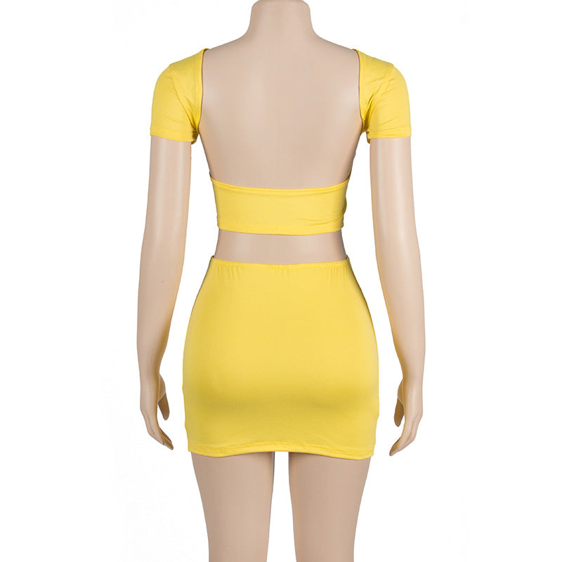 Summer Solid Color Round Neck Short Sleeve Crop Topp Sexy High Waist Bodycon Women's Short Skirt Two Piece Set 7