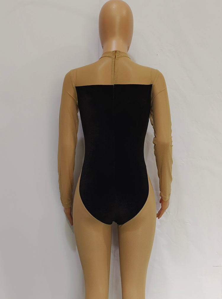 Women Summer Black Velvet and Mesh Patch Long Sleeve Sexy Jumpsuit 5