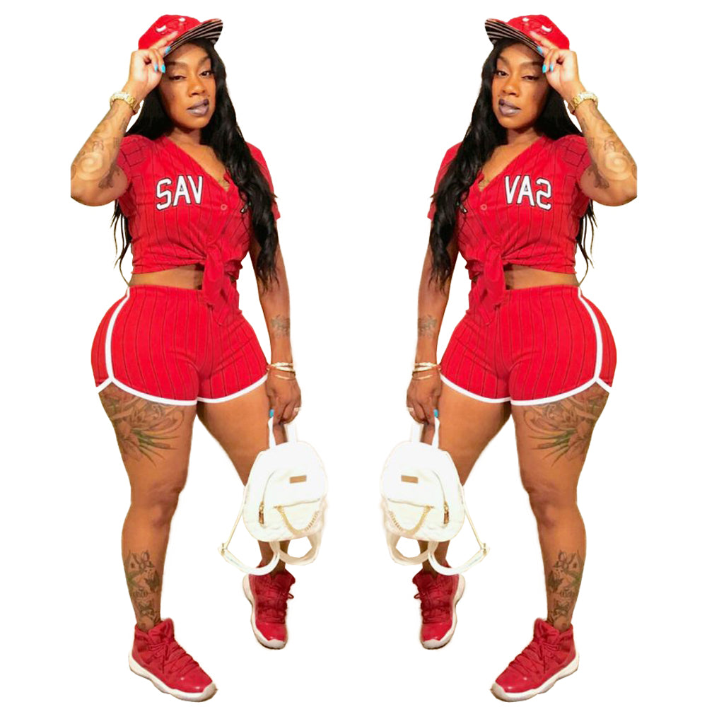 Women Sexy Women Striped Letter Baseball Top and Skirt Two-piece Set 18