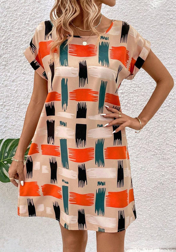 Women Summer Short-sleeved Printed Bat Sleeves Round Neck Dress